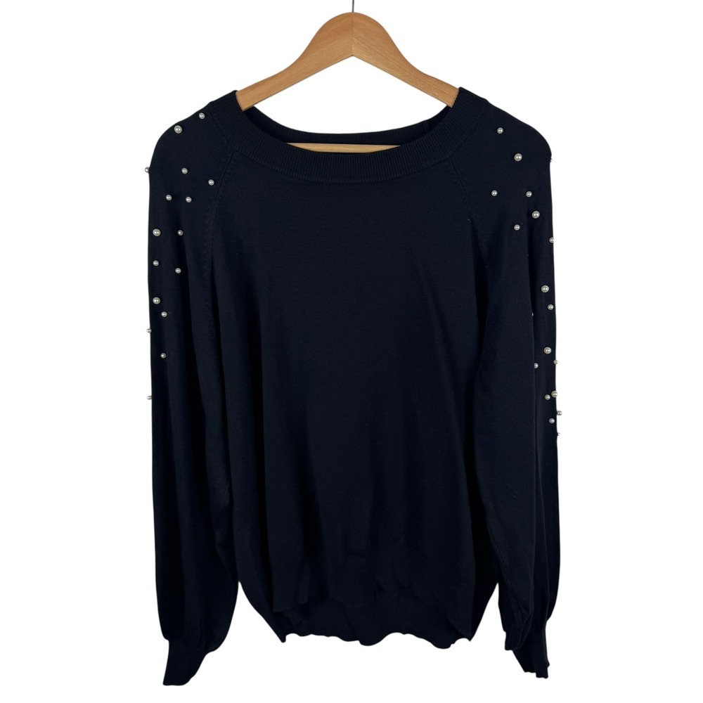 Umgee Black Pearl Embellished‎ Sweater Medium Knit Pullover Holiday Party Comfy